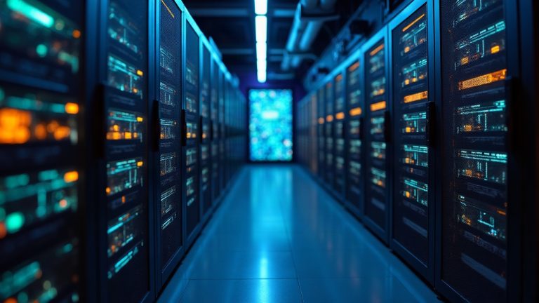 Photorealistic data center with elastic GPU racks, auto-scaling dashboards, and luminous AI neural streams