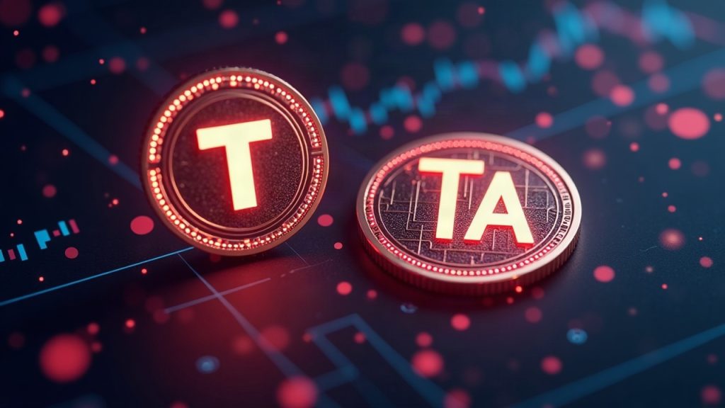 Two crypto tokens TINA and TA emerge from a sleek KuCoin interface, with glowing decentralization motifs and a community giveaway.
