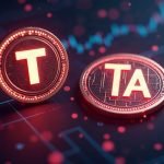 Two crypto tokens TINA and TA emerge from a sleek KuCoin interface, with glowing decentralization motifs and a community giveaway.