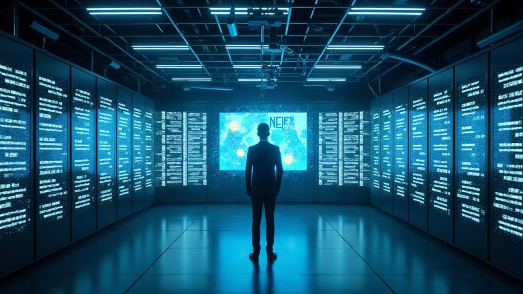 Futuristic data center featuring a prominent NEAR logo powering private AI agents with staking credits, newsroom setting.