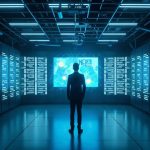 Futuristic data center featuring a prominent NEAR logo powering private AI agents with staking credits, newsroom setting.