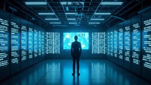 Futuristic data center featuring a prominent NEAR logo powering private AI agents with staking credits, newsroom setting.