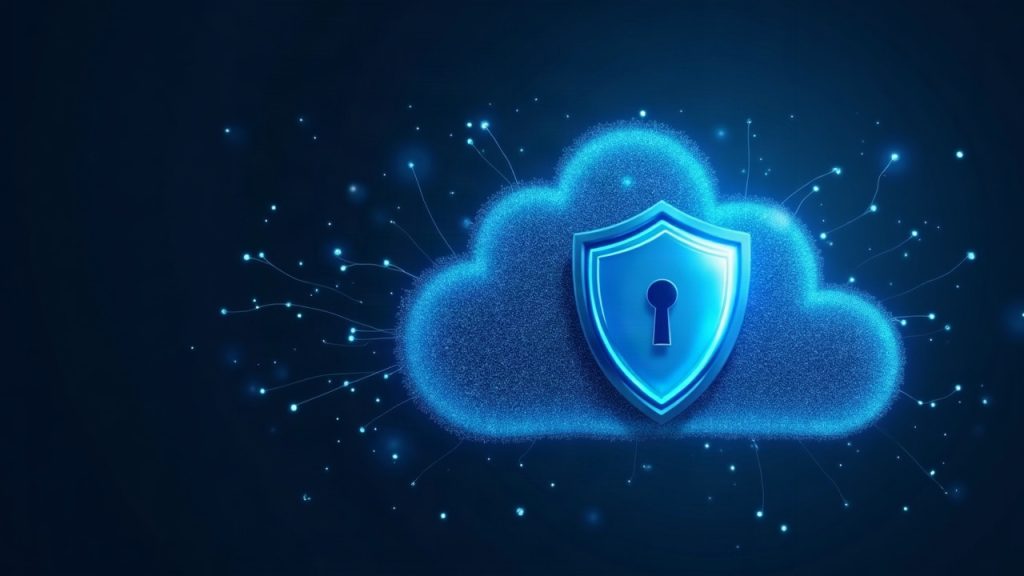 Neon blue data cloud with a shield over the NEAR logo, signaling confidential AI inference and private agent payments.