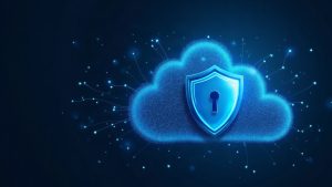 Neon blue data cloud with a shield over the NEAR logo, signaling confidential AI inference and private agent payments.