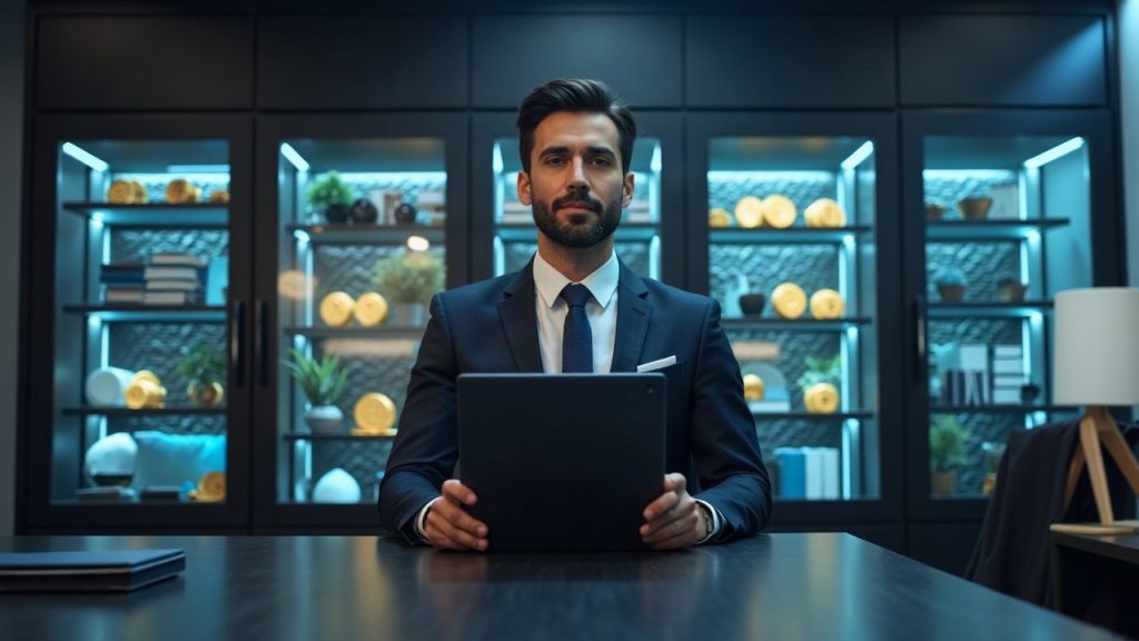 NYLIM professional in a sleek office with USDC vaults on Avalanche and Centrifuge tokens illustrating on-chain bonds.