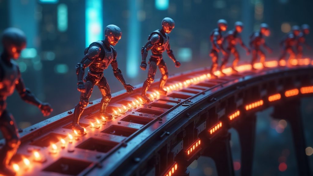 Photorealistic scene of autonomous agents processing on-chain payments along a glowing blockchain rail.