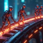 Photorealistic scene of autonomous agents processing on-chain payments along a glowing blockchain rail.