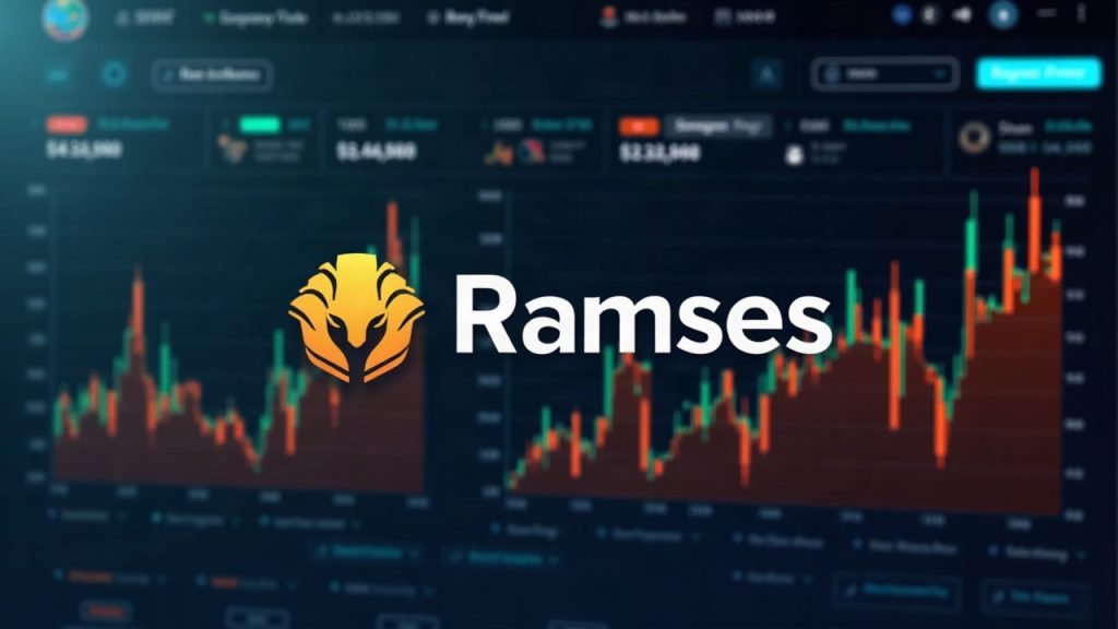 Photorealistic Ramses dashboard with a 24h volume spike and rising fee bars, Ramses logo center in newsroom style.