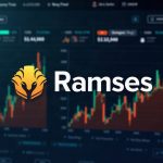 Photorealistic Ramses dashboard with a 24h volume spike and rising fee bars, Ramses logo center in newsroom style.