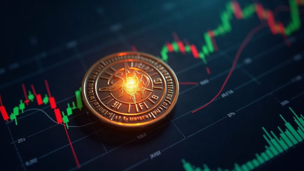 Photorealistic header: stock token morphing into a glowing DeFi token on a sleek trading interface.