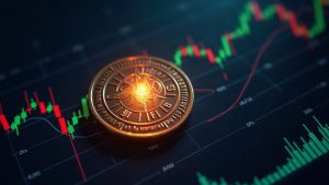 Photorealistic header: stock token morphing into a glowing DeFi token on a sleek trading interface.