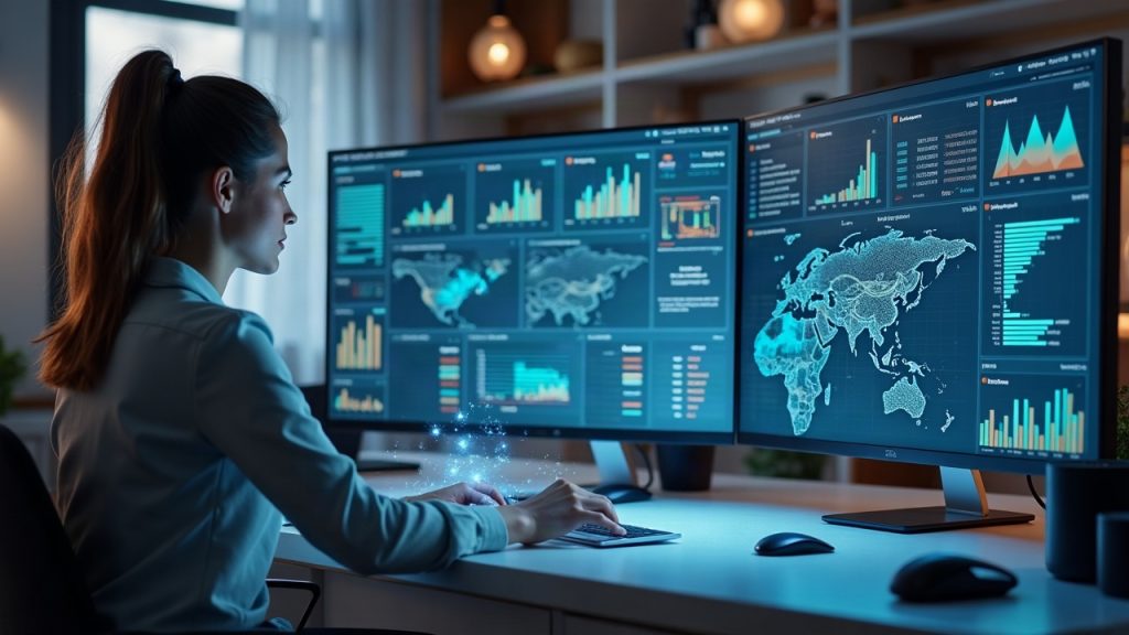 Analyst at a clean desk with holographic dashboards showing Solana and Ethereum NFT volumes across multiple marketplaces.