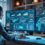 Analyst at a clean desk with holographic dashboards showing Solana and Ethereum NFT volumes across multiple marketplaces.
