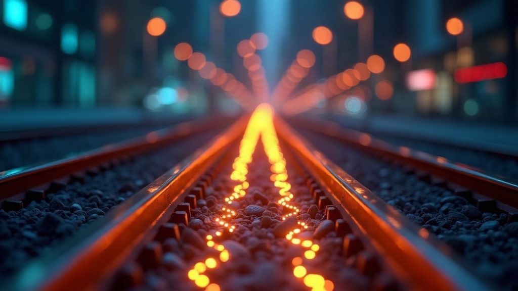 Photorealistic banner: glowing rails of blockchain with USDT and USDC flowing into Solana, news-style backdrop.