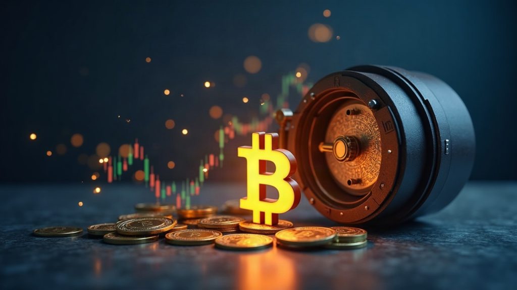 Photorealistic scene of a rising Bitcoin symbol with digital charts and a secure vault illustrating Strive's BTC treasury growth.