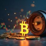 Photorealistic scene of a rising Bitcoin symbol with digital charts and a secure vault illustrating Strive's BTC treasury growth.