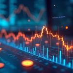Futuristic trading desk with tokenized stock icons flowing into a Uniswap-like interface, glowing liquidity pools and rising volume.