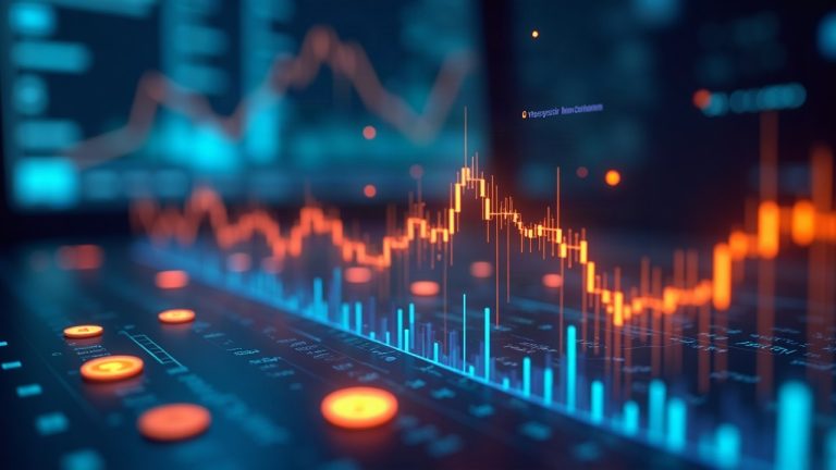Futuristic trading desk with tokenized stock icons flowing into a Uniswap-like interface, glowing liquidity pools and rising volume.