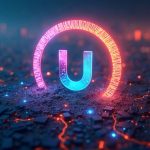 Photorealistic close-up of a glowing Arc network with Uniswap at center and flowing crypto streams.