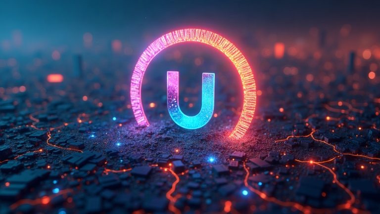 Photorealistic close-up of a glowing Arc network with Uniswap at center and flowing crypto streams.