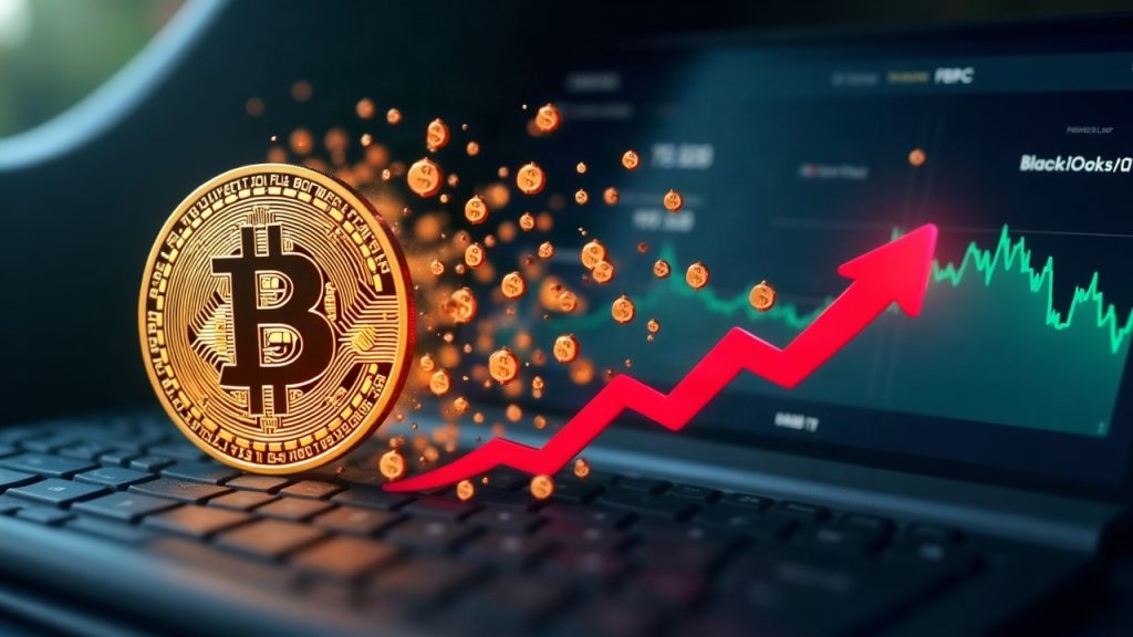 Bitcoin symbol dissolving into dollar icons as arrows from FBTC and IBIT fade on a dashboard.