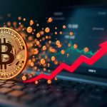 Bitcoin symbol dissolving into dollar icons as arrows from FBTC and IBIT fade on a dashboard.