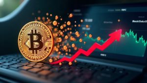 Bitcoin symbol dissolving into dollar icons as arrows from FBTC and IBIT fade on a dashboard.