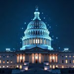 Capitol dome lit with digital network lines and crypto symbols as lawmakers debate the Clarity Act.
