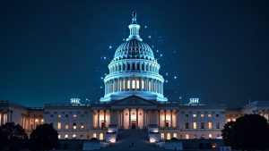Capitol dome lit with digital network lines and crypto symbols as lawmakers debate the Clarity Act.