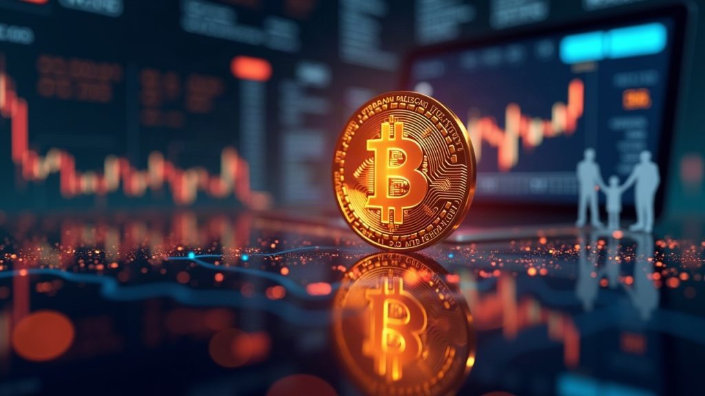 Photorealistic dashboard with glowing Bitcoin, rising charts, and abstract institutional silhouettes signaling record US BTC ETF inflows.
