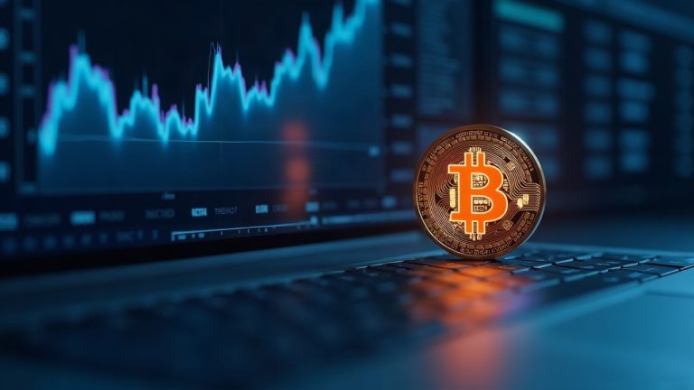 Glowing Bitcoin coin centered on a blue dashboard showing a $999M inflow spike, with ETF tickers in the background.
