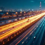 Photorealistic Bitcoin highway with fast data streams converging at ViaBTC and Mempool hub, accelerating BTC transactions.