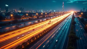 Photorealistic Bitcoin highway with fast data streams converging at ViaBTC and Mempool hub, accelerating BTC transactions.