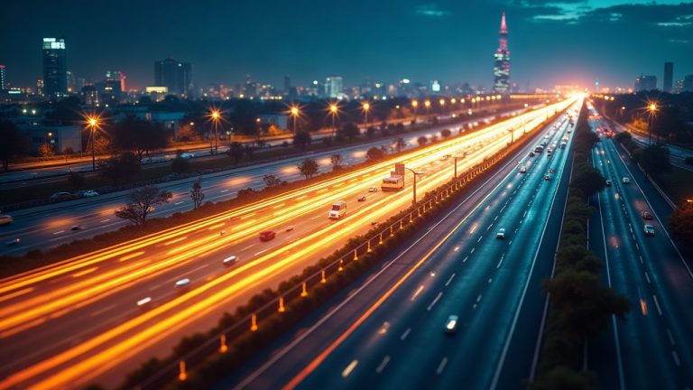 Photorealistic Bitcoin highway with fast data streams converging at ViaBTC and Mempool hub, accelerating BTC transactions.
