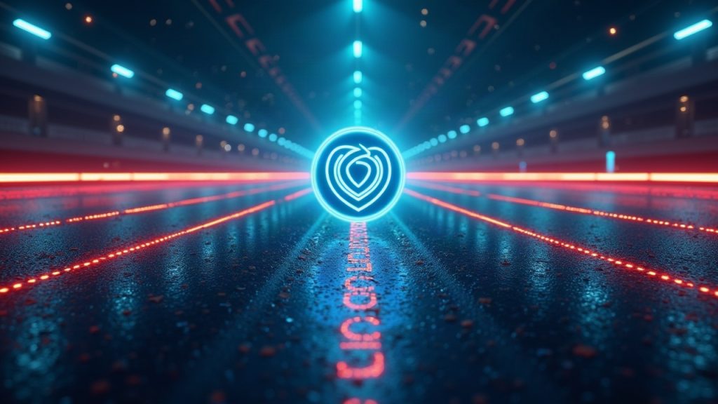 Photorealistic Aero logo at center, merging Aerodrome and Velodrome symbols, with seven blockchain lanes behind.