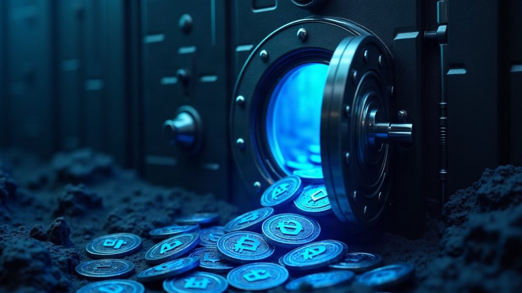 Photorealistic vault door opens as blue USDC tokens drain into dark network, signaling an Avalanche DeFi accounting exploit.