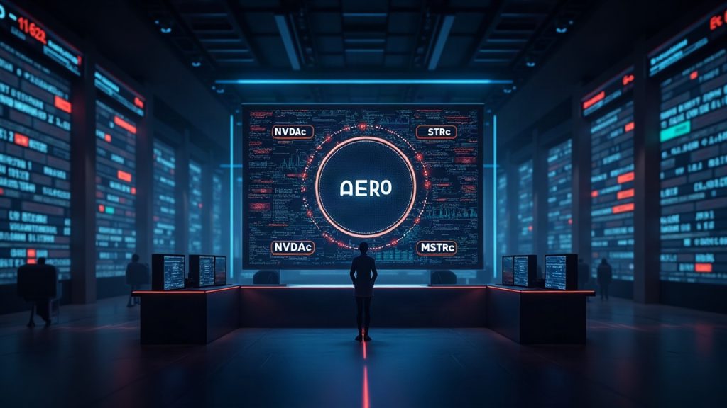 Newsroom header: tokenized stocks on Base with NVDAc, METAc, MSTRc tickers; Aero DEX hub, glowing on-chain flow.