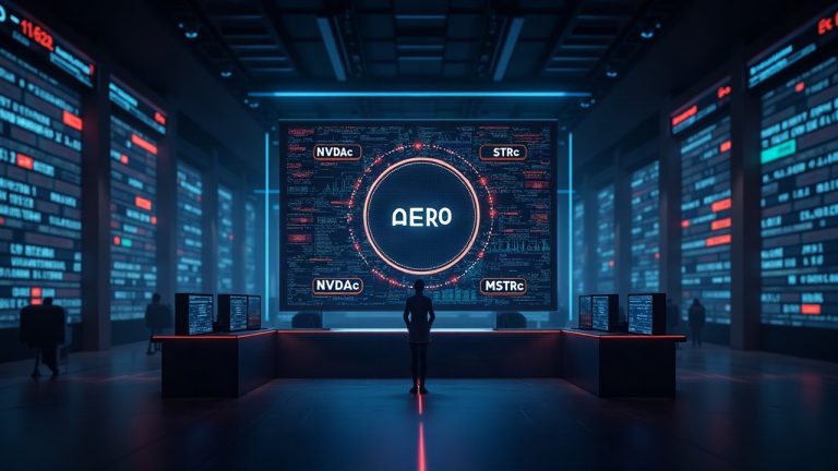 Newsroom header: tokenized stocks on Base with NVDAc, METAc, MSTRc tickers; Aero DEX hub, glowing on-chain flow.