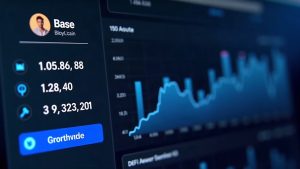 Photorealistic dashboard of Base blockchain featuring Coinbase tokenized stocks and rising DEX volume bars.