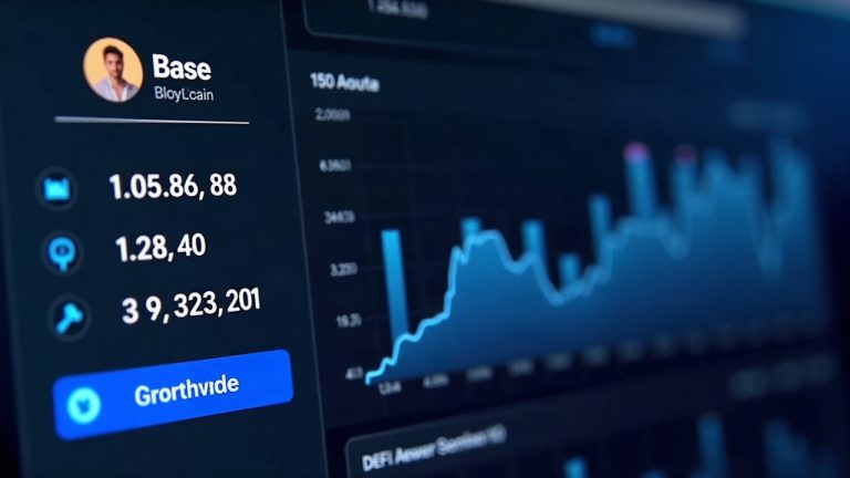 Photorealistic dashboard of Base blockchain featuring Coinbase tokenized stocks and rising DEX volume bars.