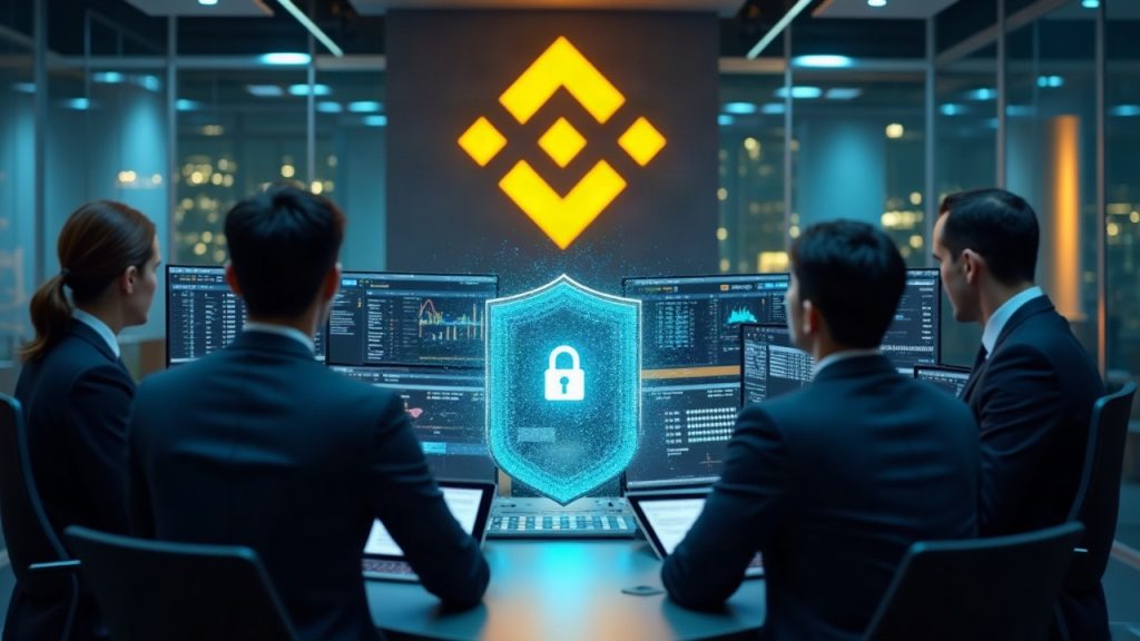 Photorealistic newsroom with Binance logo and security shield; alert banner on paused withdrawals while engineers inspect.