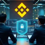 Photorealistic newsroom with Binance logo and security shield; alert banner on paused withdrawals while engineers inspect.
