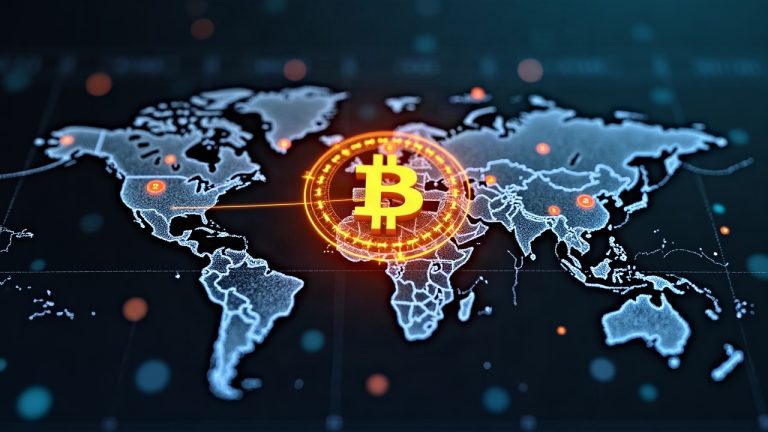 Photorealistic header of a Bitcoin node network with glowing patch badge 29.5–32.1, AI scan visuals, and shield.