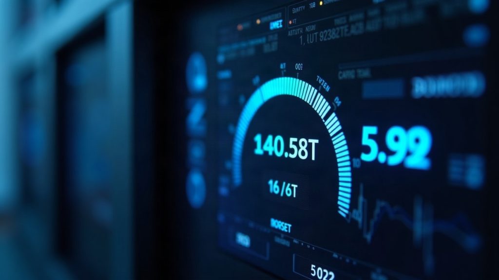 Photorealistic header: Bitcoin mining rig with gauge showing 140.58T and a 5.92 rise, in newsroom blue.