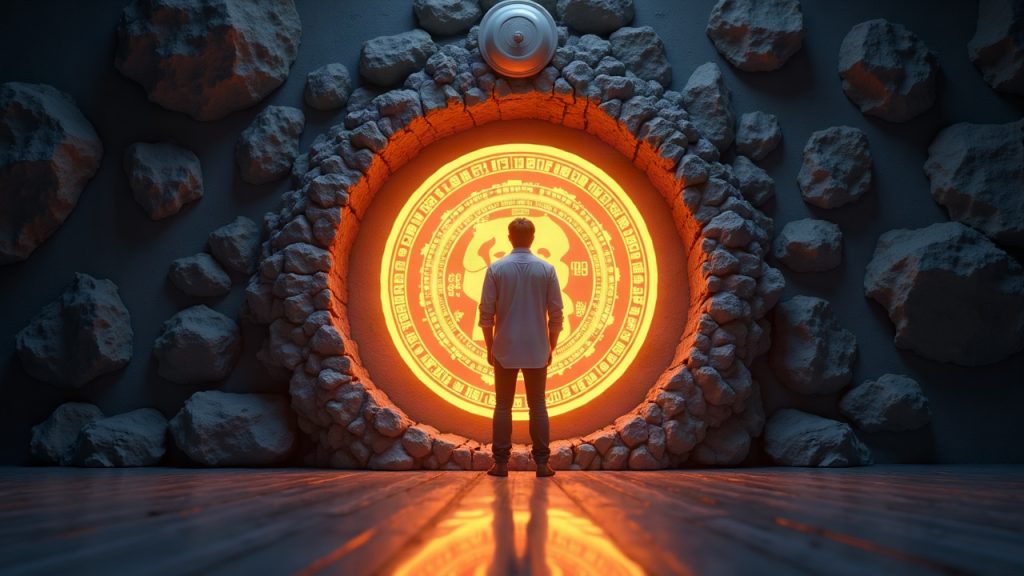 Photorealistic header: figure entering a Robinhood Chain portal, early access, 16:00 UTC clock, NFT-3333 motif.
