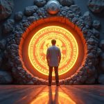 Photorealistic header: figure entering a Robinhood Chain portal, early access, 16:00 UTC clock, NFT-3333 motif.