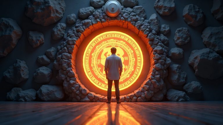 Photorealistic header: figure entering a Robinhood Chain portal, early access, 16:00 UTC clock, NFT-3333 motif.