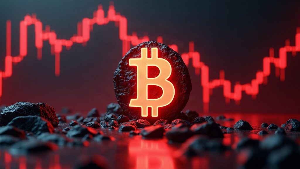 Photorealistic crypto trading scene with BTC logo, red price charts dropping, and fading long positions.