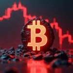 Photorealistic crypto trading scene with BTC logo, red price charts dropping, and fading long positions.