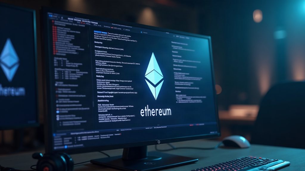 Photorealistic Ethereum validator setup with Teku and Besu logos, shield blocking a compromised certificate, and a patch note on screen.